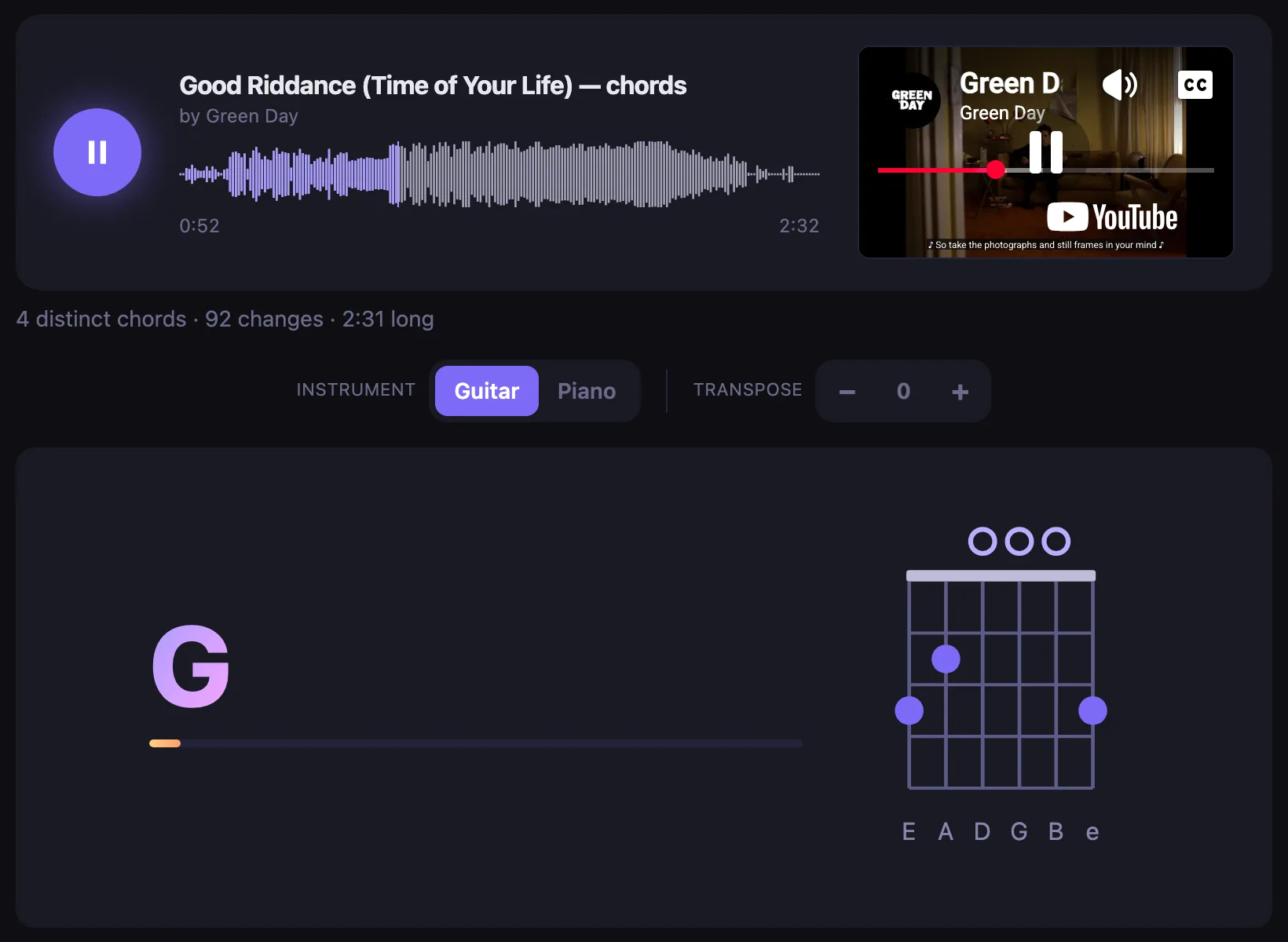 A song page on Anychord: the video, the chord being played and the chords coming up